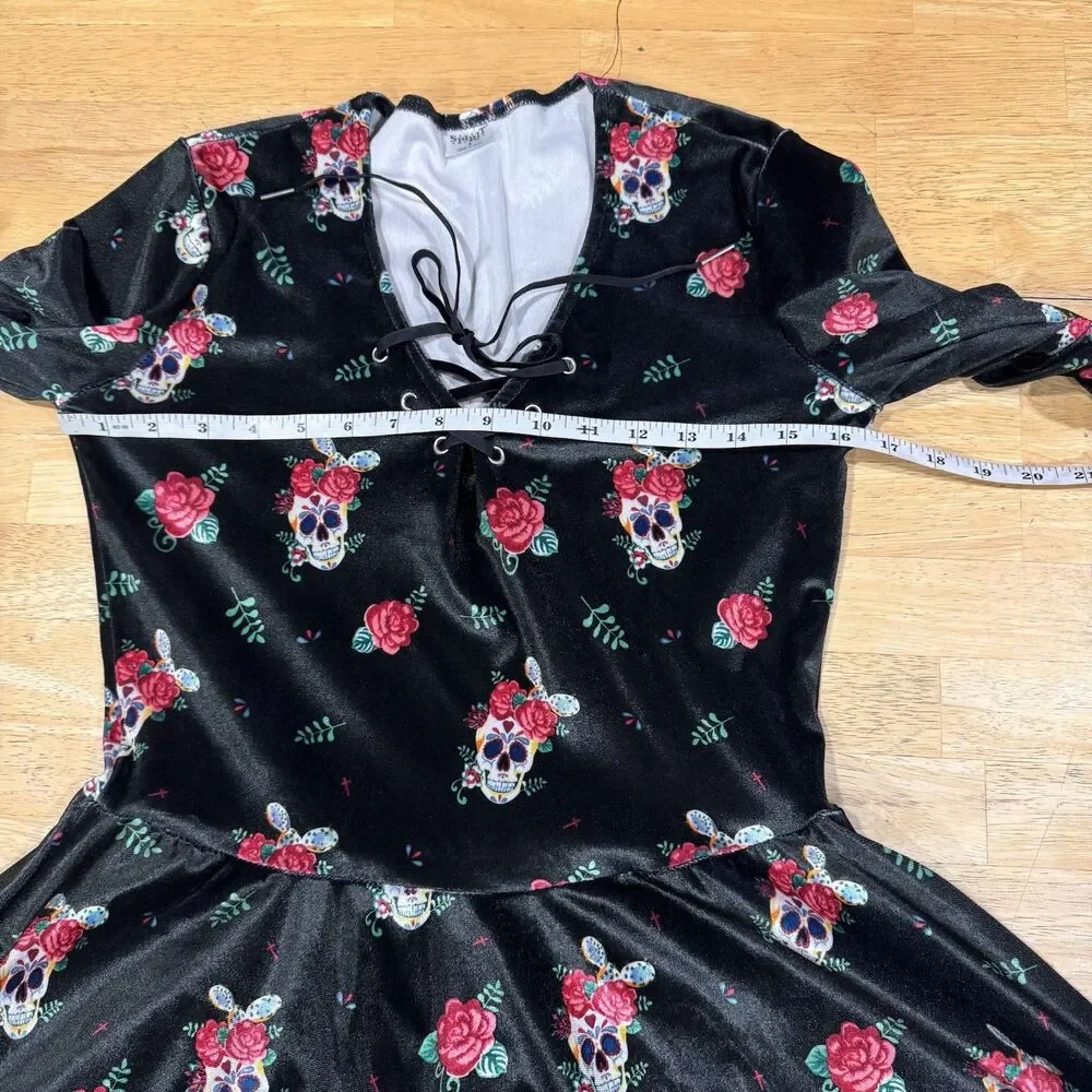 Gothic Black Velvet Sugar Skull Floral Lace Trim Dress Costume Goth Grunge Small - Picture 9 of 13